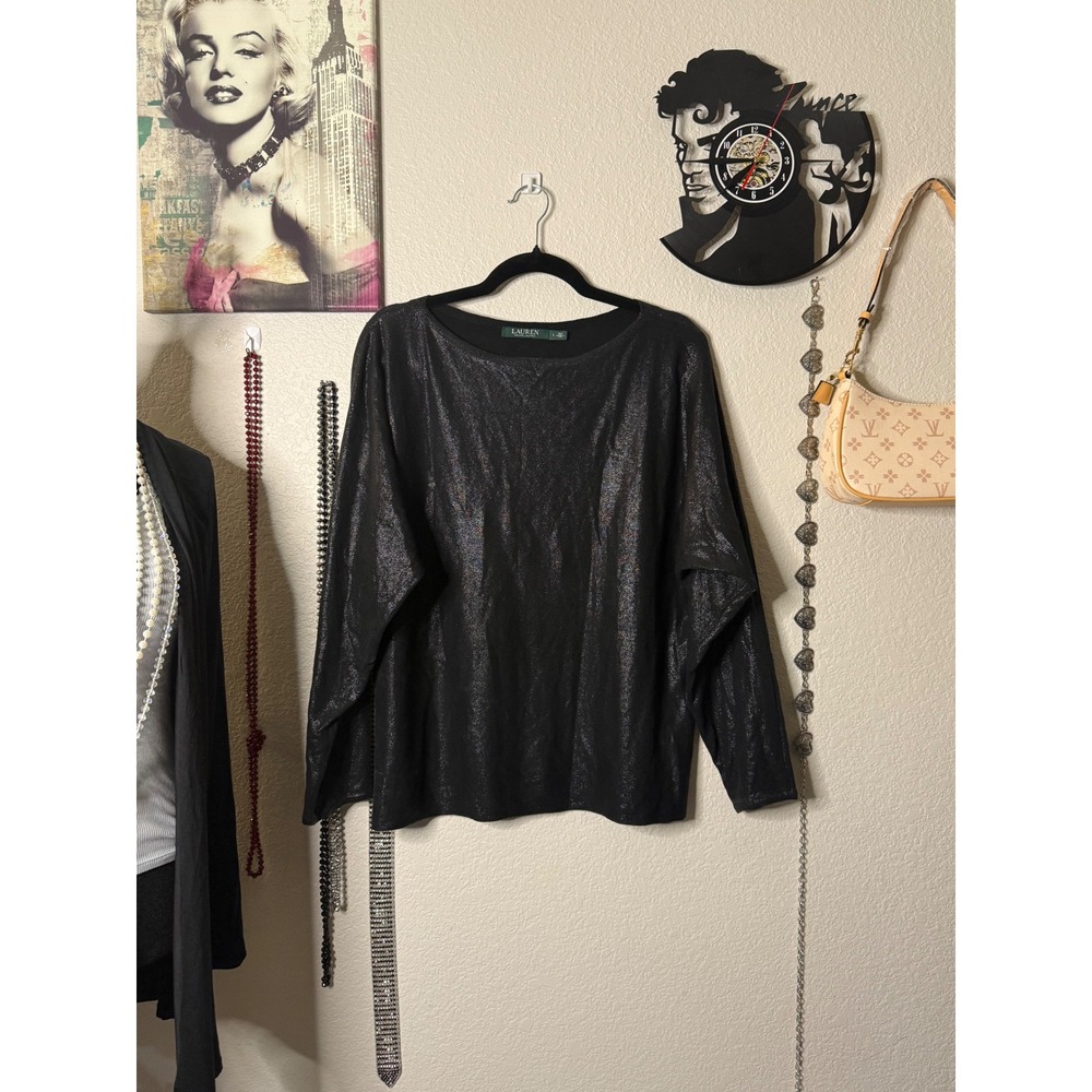 Lauren Ralph Lauren Black Metallic Shimmer Dolman Sleeve Top Large